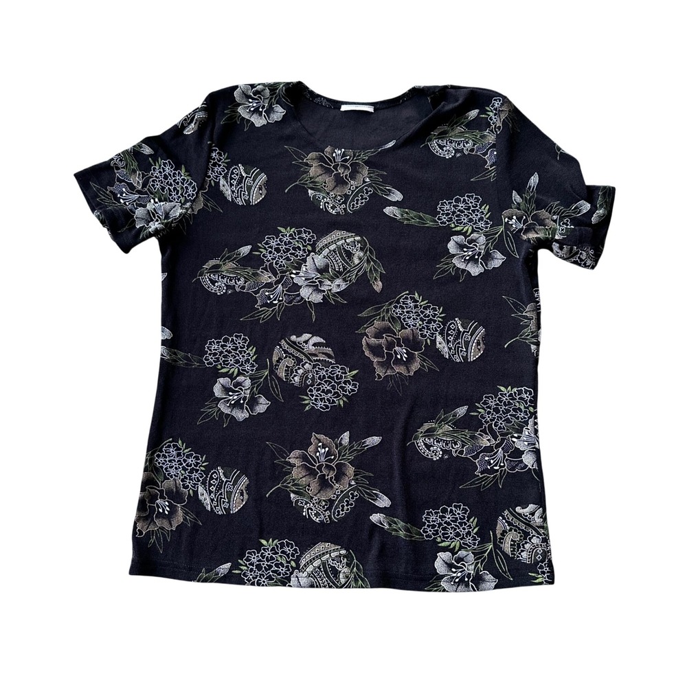 Vintage Style Floral Paisley Print Short Sleeve‎ Textured Knit Top Black L